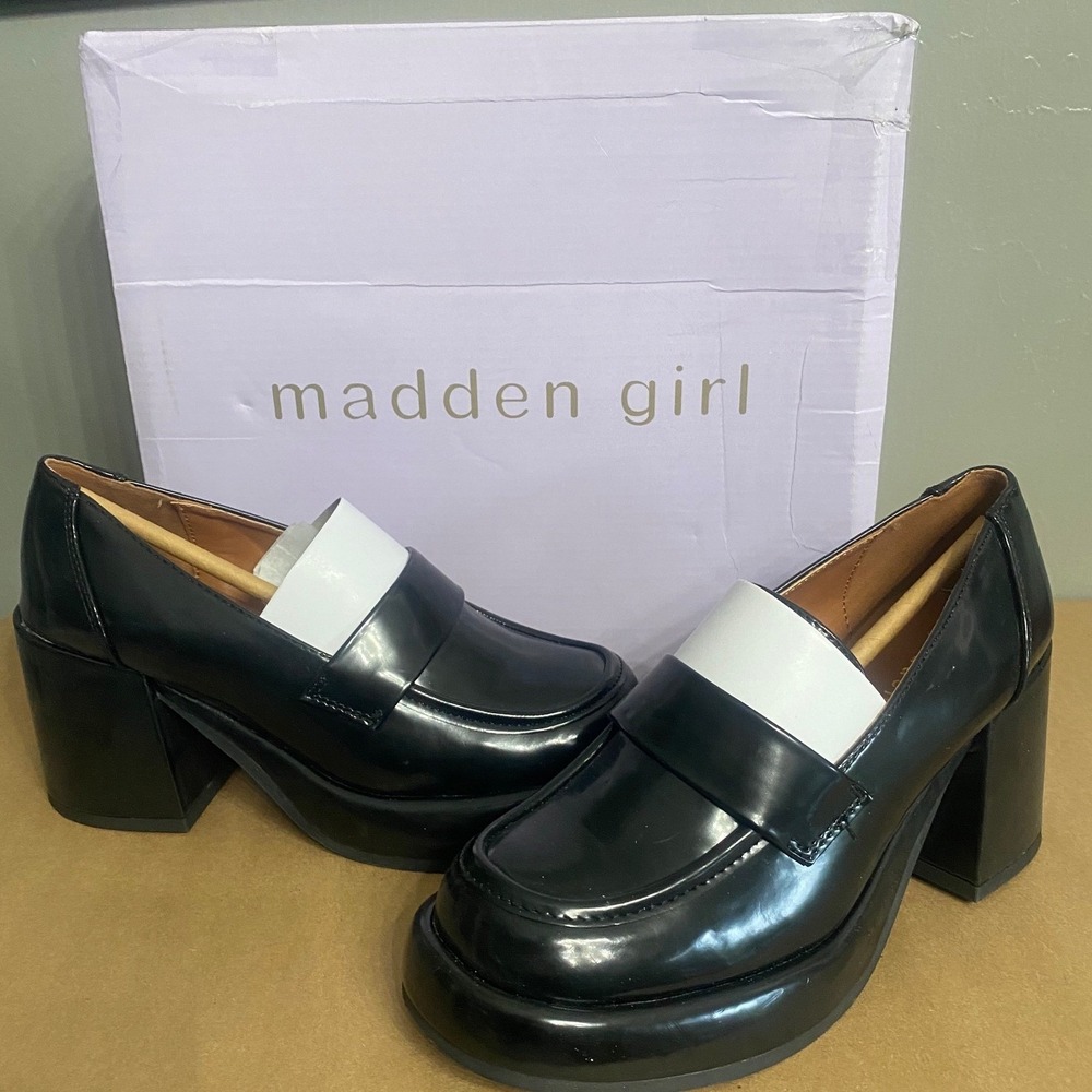 Madden Girl Delphine Black Platform Loafers Chunky Block Heel‎ Shoes Size 6 NEW